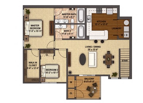 Floor plan for 2 beds, 2 baths, 1170 sqft